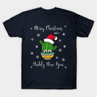 Merry Christmas And A Prickly New Year - Cactus With A Santa Hat In A Bowl T-Shirt